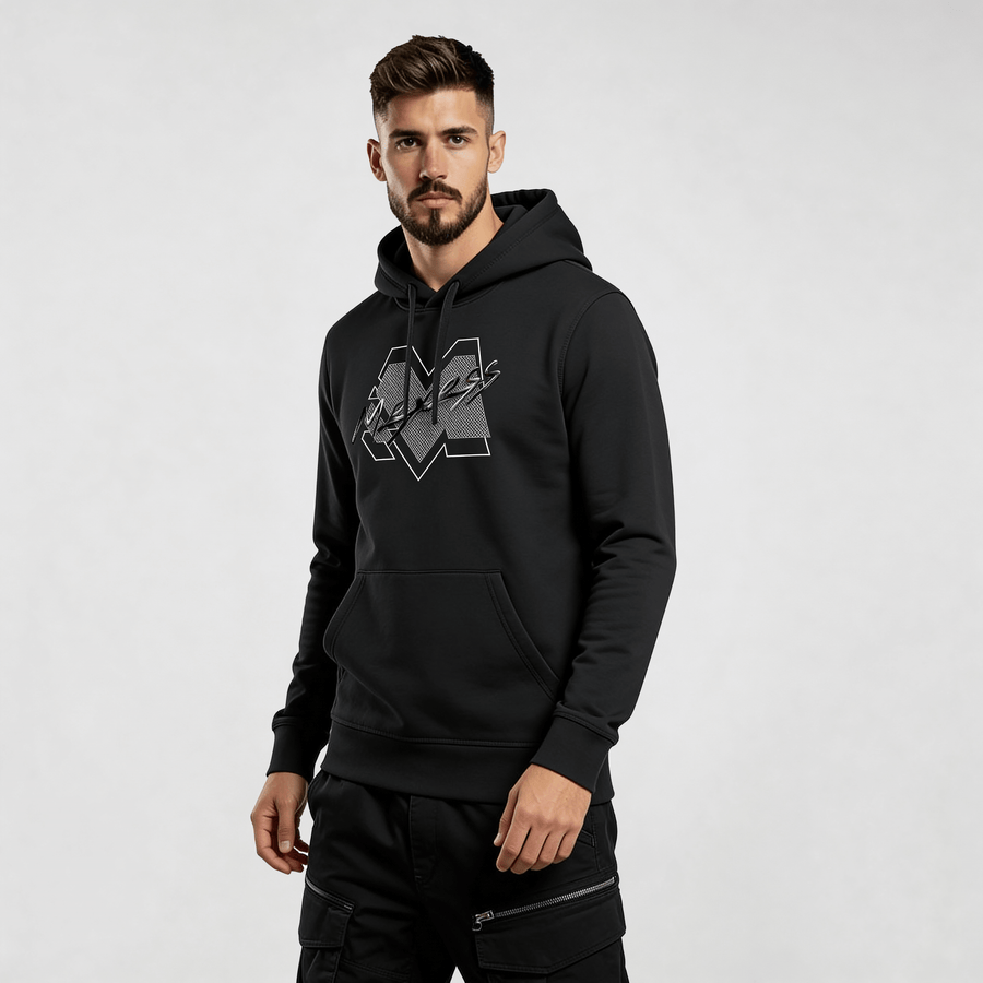 Model wearing Iconic Streetwear Hoodie DR673, showcasing urban minimalism and refined design. Focus keyword: streetwear hoodie.