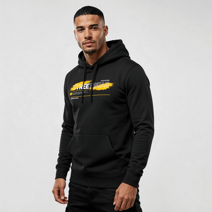 Alt Tag: streetwear hoodie Iconic Streetwear Hoodie DR015 in black with bold typography, men’s regular fit organic cotton midweight