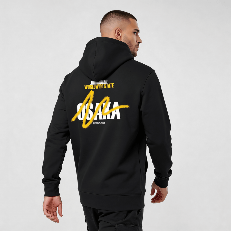 streetwear hoodie Iconic Streetwear Hoodie DR665 black men’s MEXESS hoodie with bold back graphic, rear view