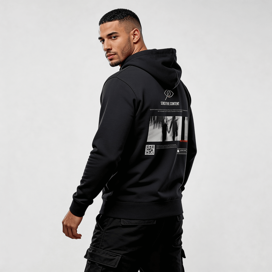 Alt Tag: streetwear hoodie Iconic Streetwear Hoodie DR046 for men with bold back graphic, black regular fit MEXESS