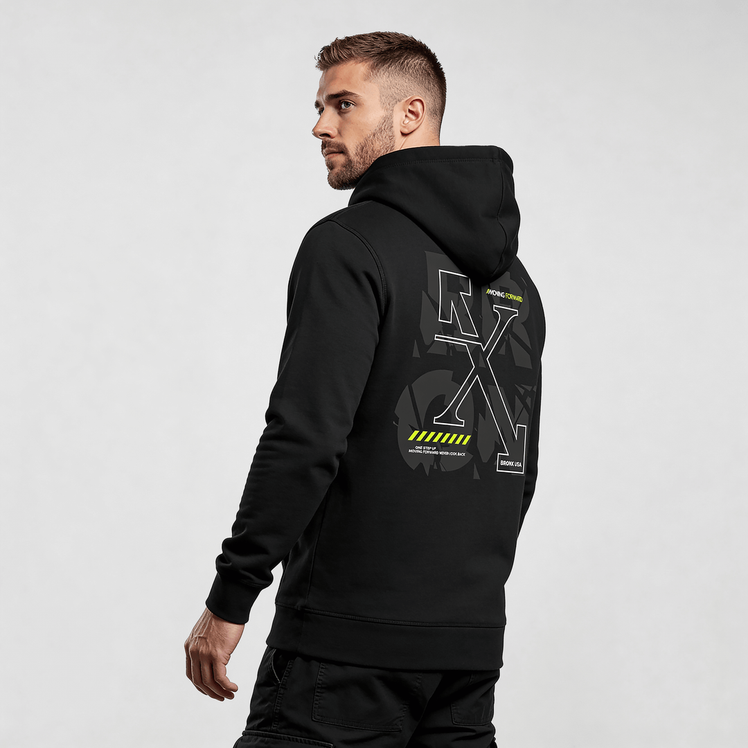streetwear hoodie Iconic Streetwear Hoodie DR610 black MEXESS with bold back typography, rear view on male model
