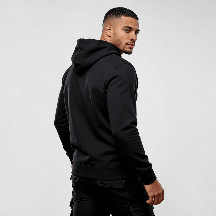 Alt Tag: streetwear hoodie Iconic Streetwear Hoodie DR608 black men’s hoodie back view with hood up, regular fit