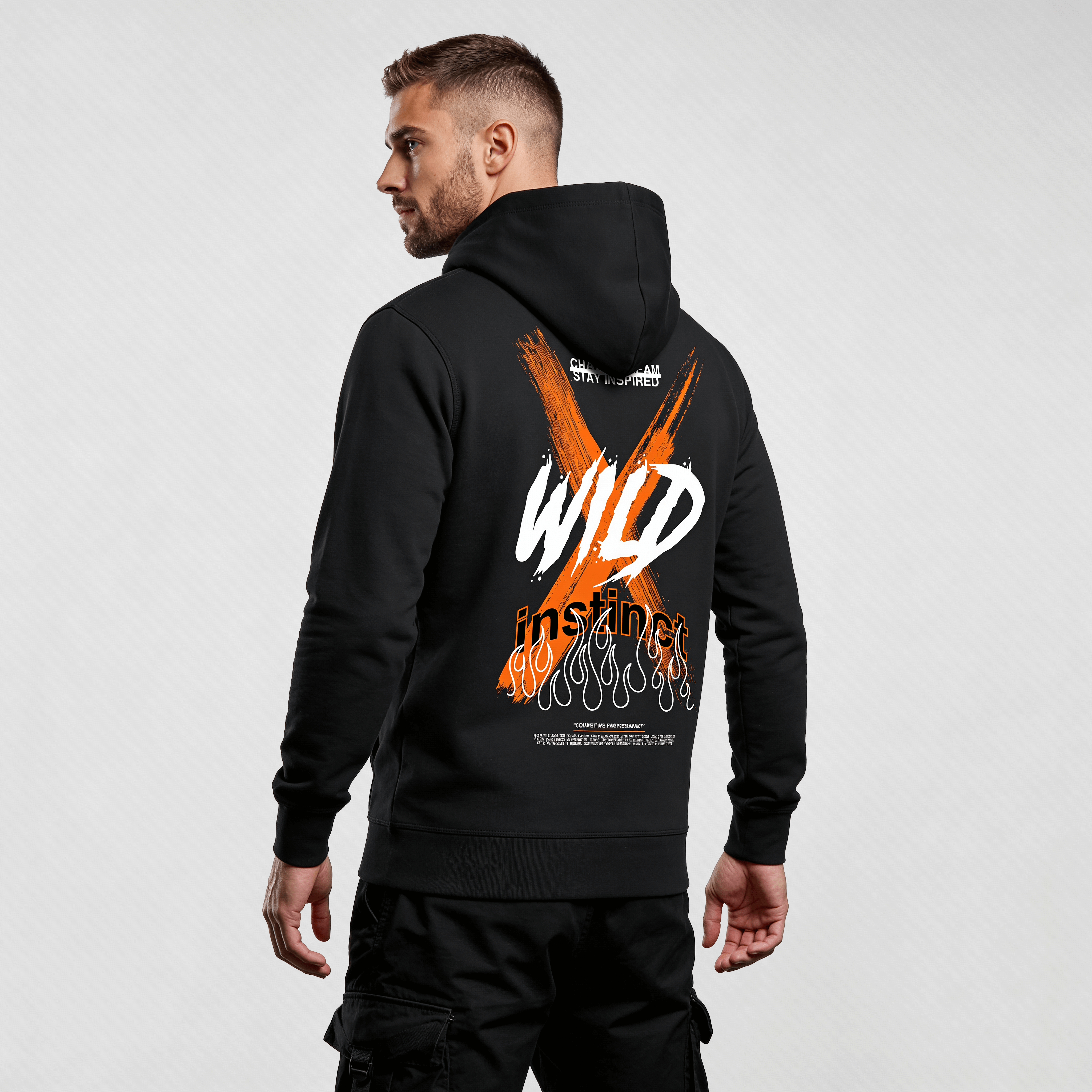 Alt Tag: streetwear hoodie Iconic Streetwear Hoodie DR061 black back view with WILD graphic print, organic cotton regular fit