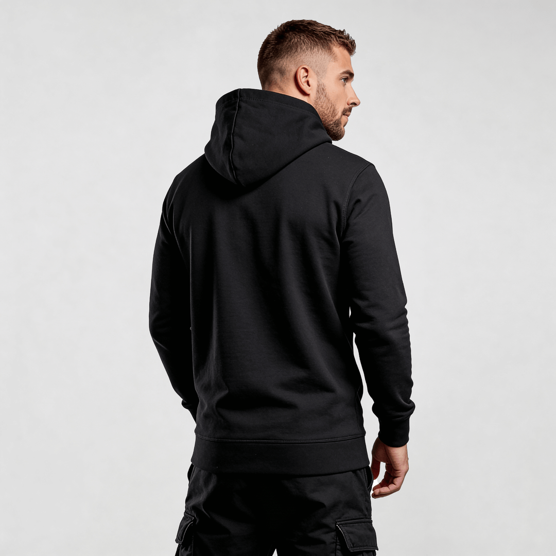 Alt Tag: streetwear hoodie Iconic Streetwear Hoodie DR667 black MEXESS mens structured fit back view