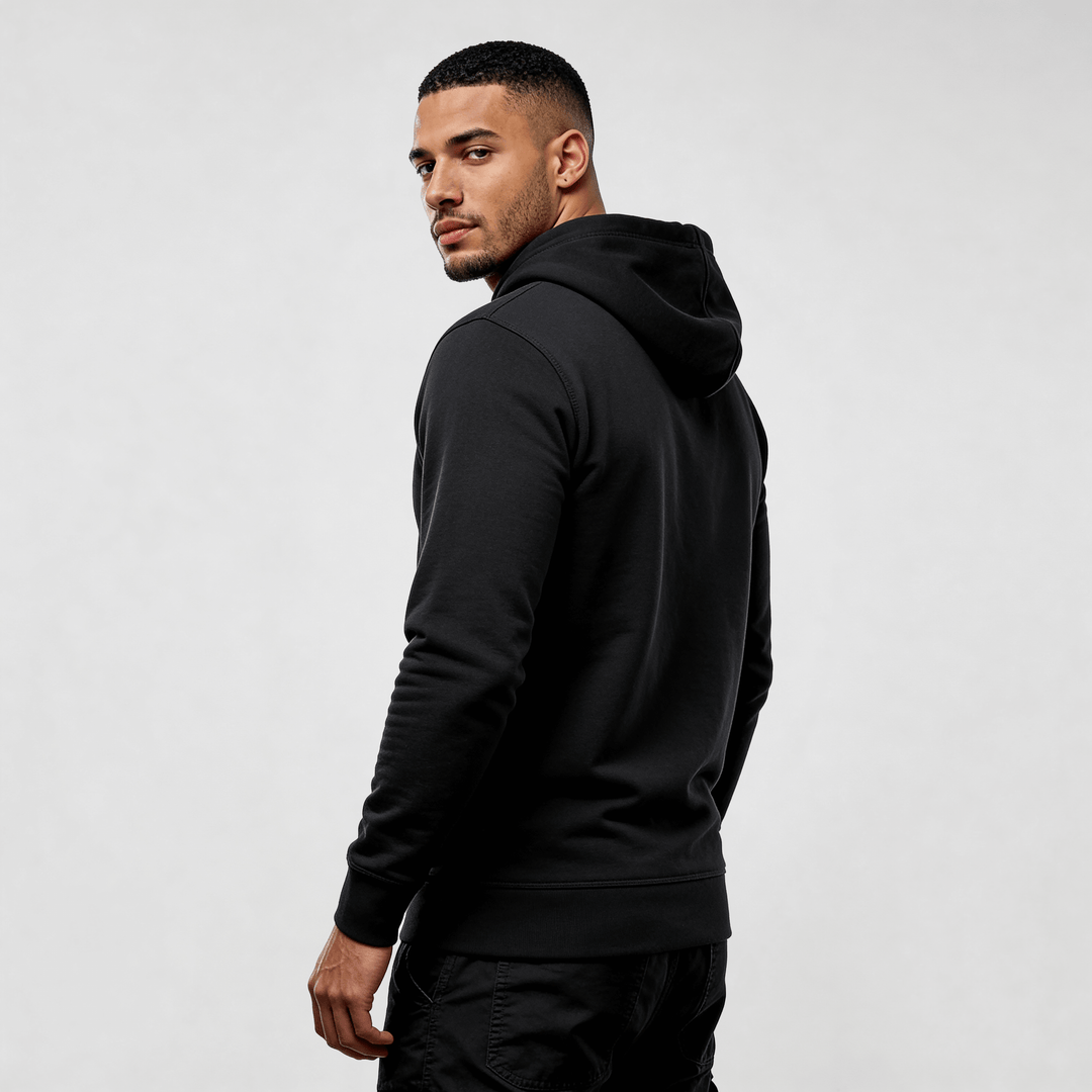 Alt Tag: streetwear hoodie Iconic Streetwear Hoodie DR015 black mens regular fit organic cotton midweight minimalist street style