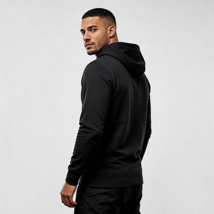 Alt Tag: streetwear hoodie Iconic Streetwear Hoodie DR015 black mens regular fit organic cotton midweight minimalist street style
