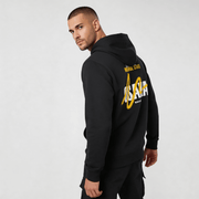 Alt Tag: streetwear hoodie Iconic Streetwear Hoodie DR665 by MEXESS black men’s hoodie with bold back graphic, rear view