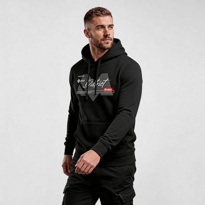 Alt Tag: streetwear hoodie DR667 black MEXESS men’s regular fit urban street style pullover hoodie front view