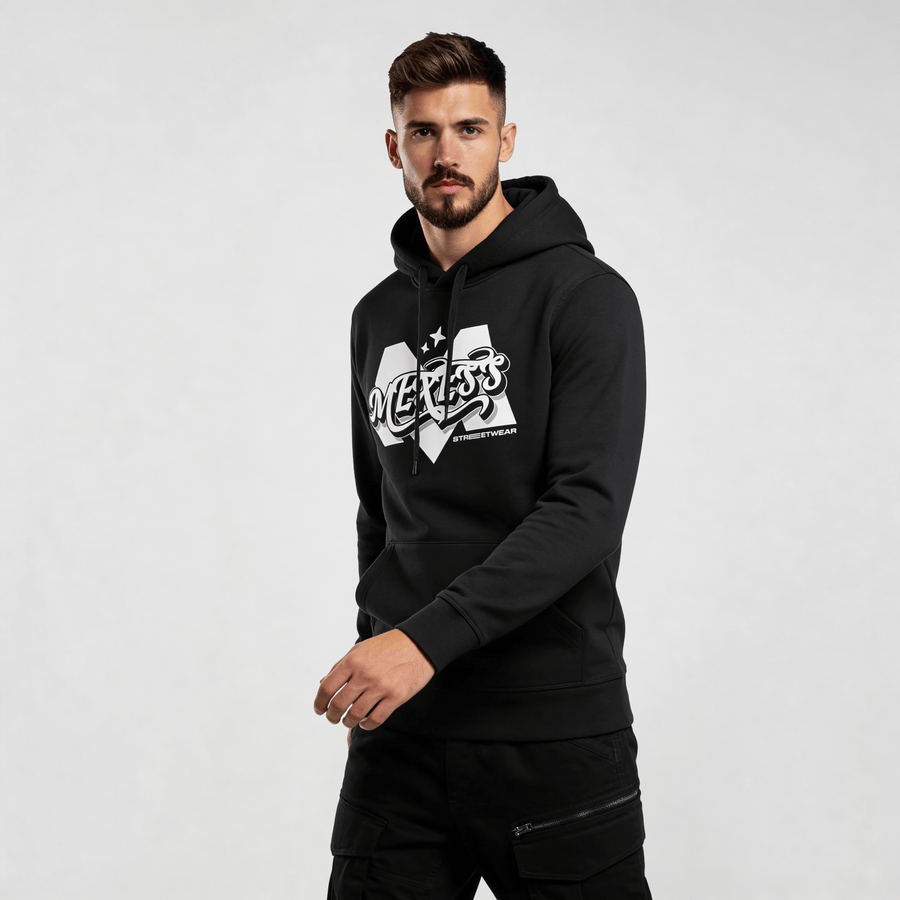 Alt Tag: streetwear hoodie Iconic Streetwear Hoodie DR668 black regular fit men’s graphic logo pullover