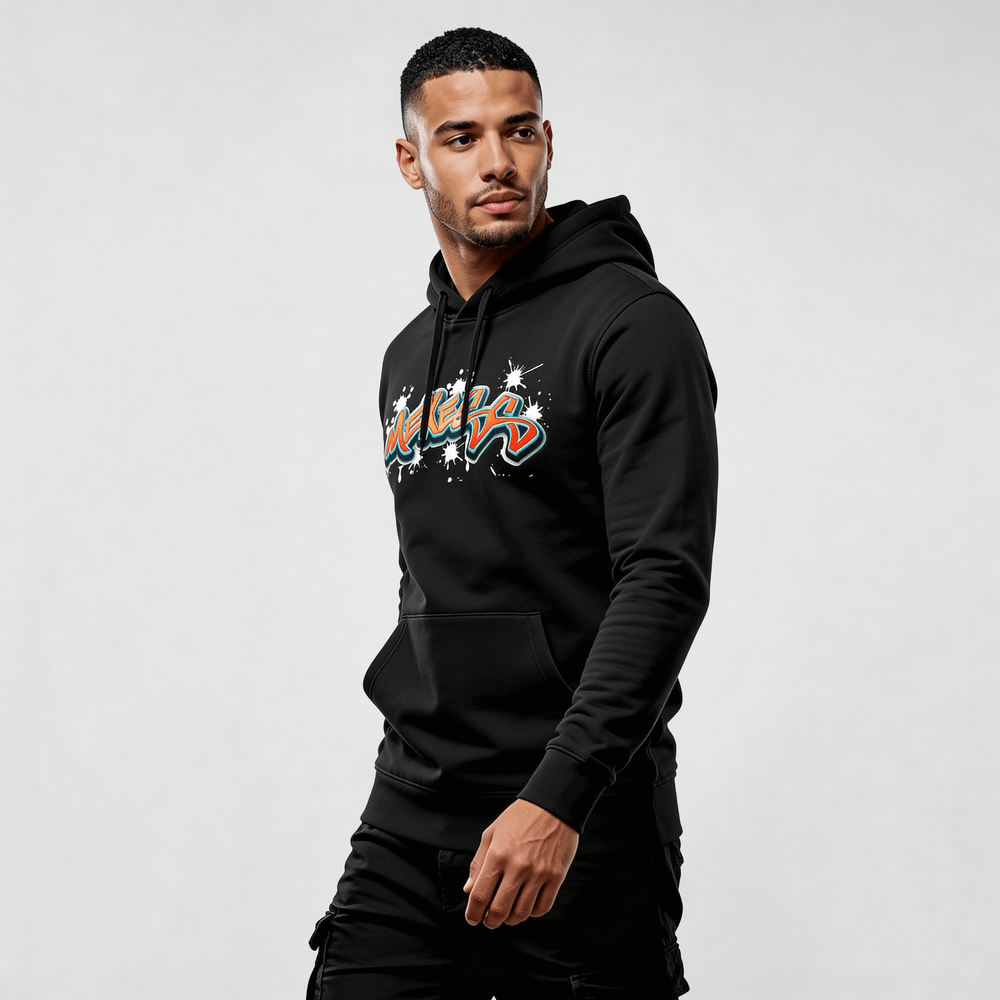 Alt Tag: streetwear hoodie Iconic Streetwear Hoodie DR608 black mens hoodie with bold graffiti-style front print