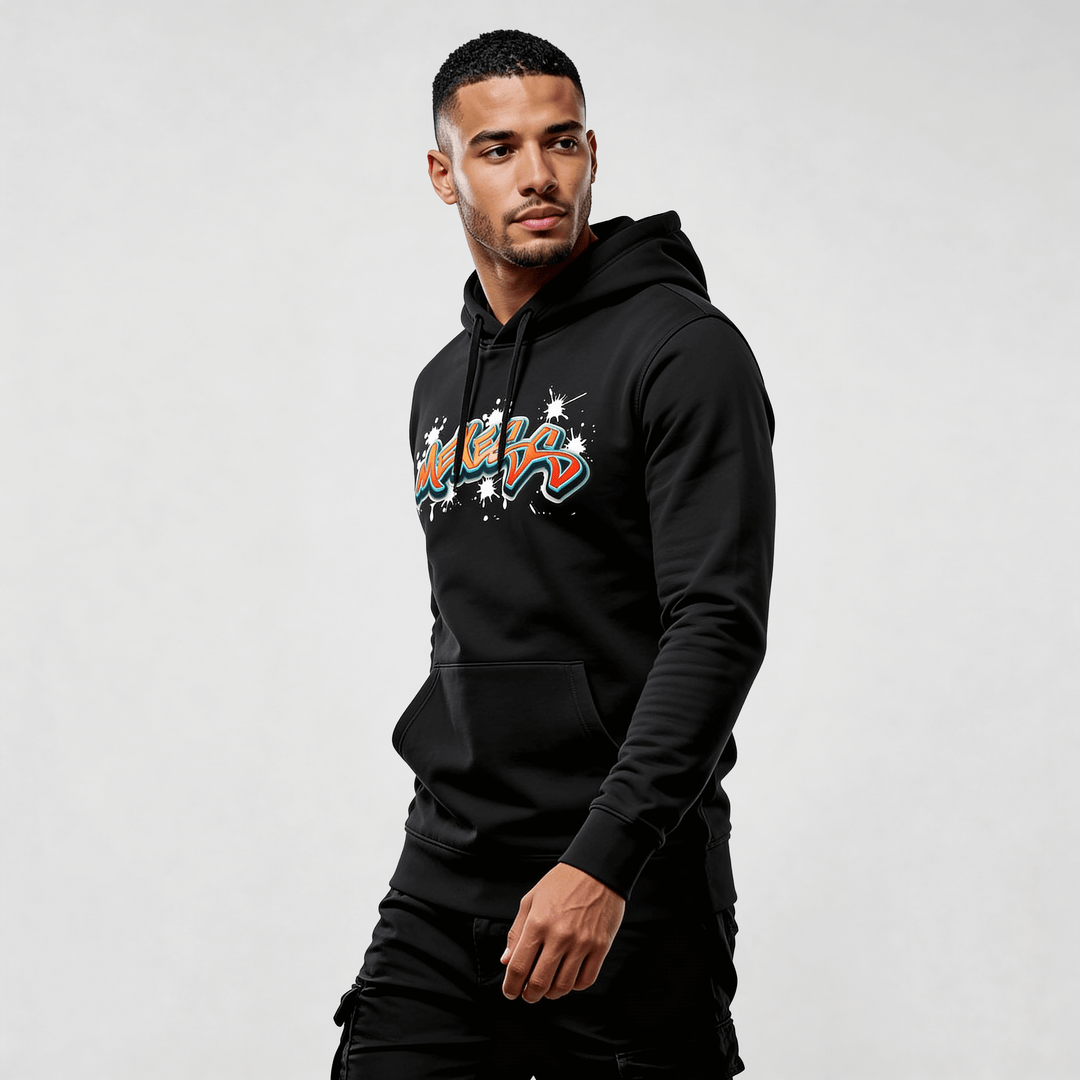 Alt Tag: streetwear hoodie Iconic Streetwear Hoodie DR608 black mens hoodie with bold graffiti-style front print