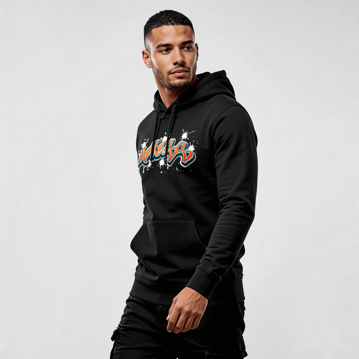 Alt Tag: streetwear hoodie Iconic Streetwear Hoodie DR608 black mens hoodie with bold graffiti-style front print