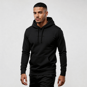 Alt Tag: streetwear hoodie Iconic Streetwear Hoodie DR046 by MEXESS, black regular-fit men’s hoodie front view
