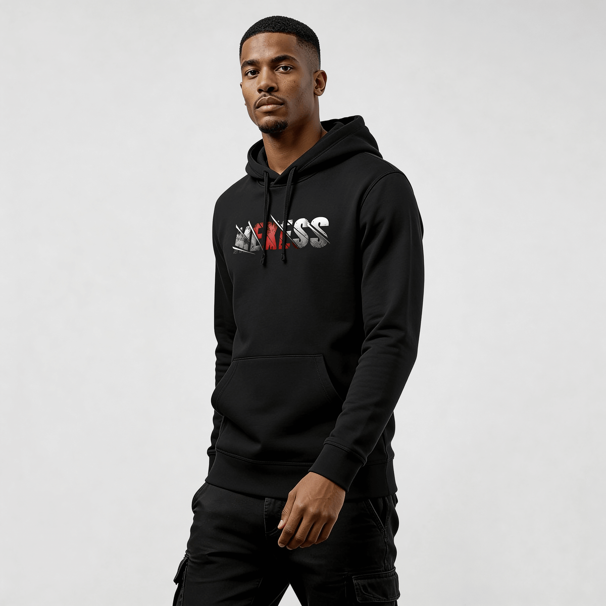 Alt Tag: streetwear hoodie Iconic Streetwear Hoodie DR615 black regular-fit mens MEXESS hoodie with minimalist graphic, front view