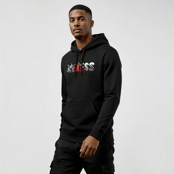 Alt Tag: streetwear hoodie Iconic Streetwear Hoodie DR615 black regular-fit mens MEXESS hoodie with minimalist graphic, front view