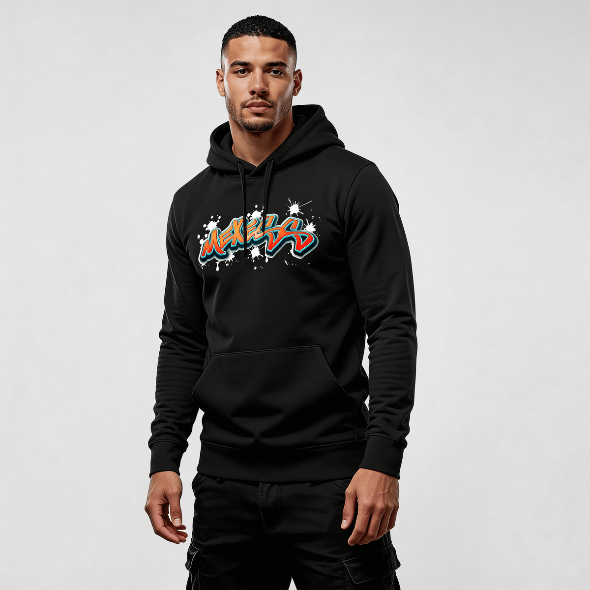 Alt Tag: streetwear hoodie Iconic Streetwear Hoodie DR608 black men's hoodie with graffiti-style front print by MEXESS