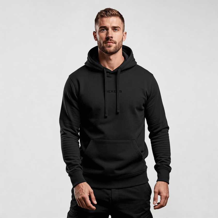 Alt Tag: streetwear hoodie Iconic Streetwear Hoodie DR610 black MEXESS regular fit pullover with drawstring hood, front view