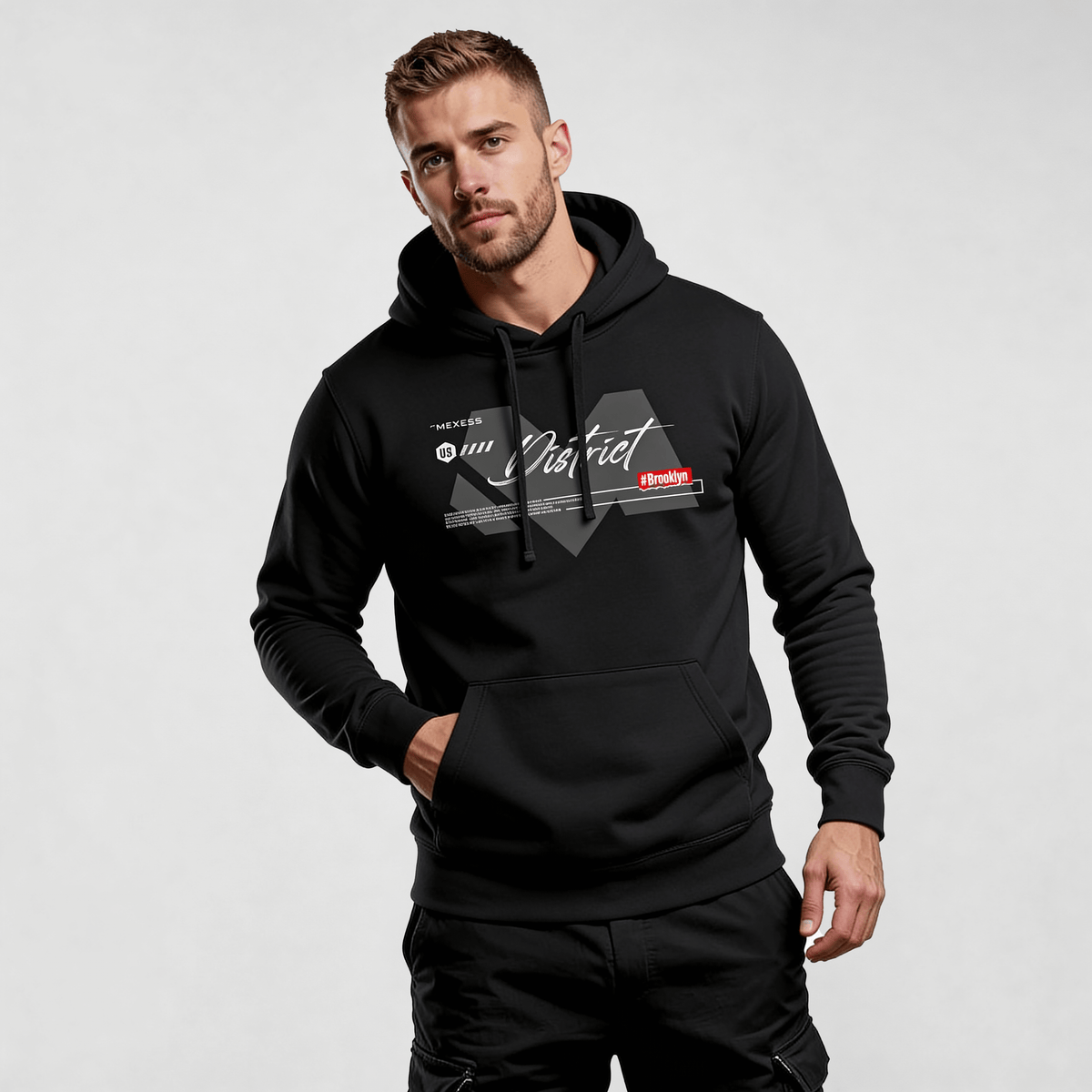 Alt Tag: streetwear hoodie Iconic Streetwear Hoodie DR667 black men’s MEXESS regular fit pullover with hood