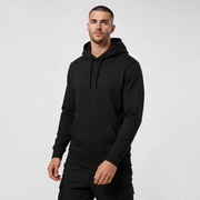 streetwear hoodie Iconic Streetwear Hoodie DR665 by MEXESS, black men’s hoodie front view with subtle logo