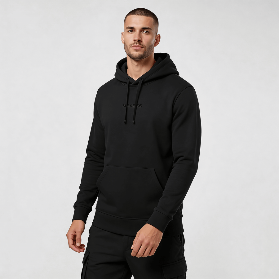 streetwear hoodie Iconic Streetwear Hoodie DR665 by MEXESS, black men’s hoodie front view with subtle logo