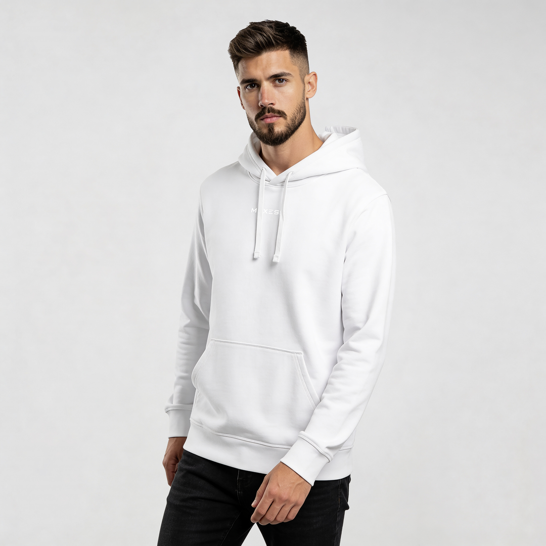 streetwear hoodie Iconic Streetwear Hoodie DR602 white pullover with hood and front pocket on model, minimal urban style