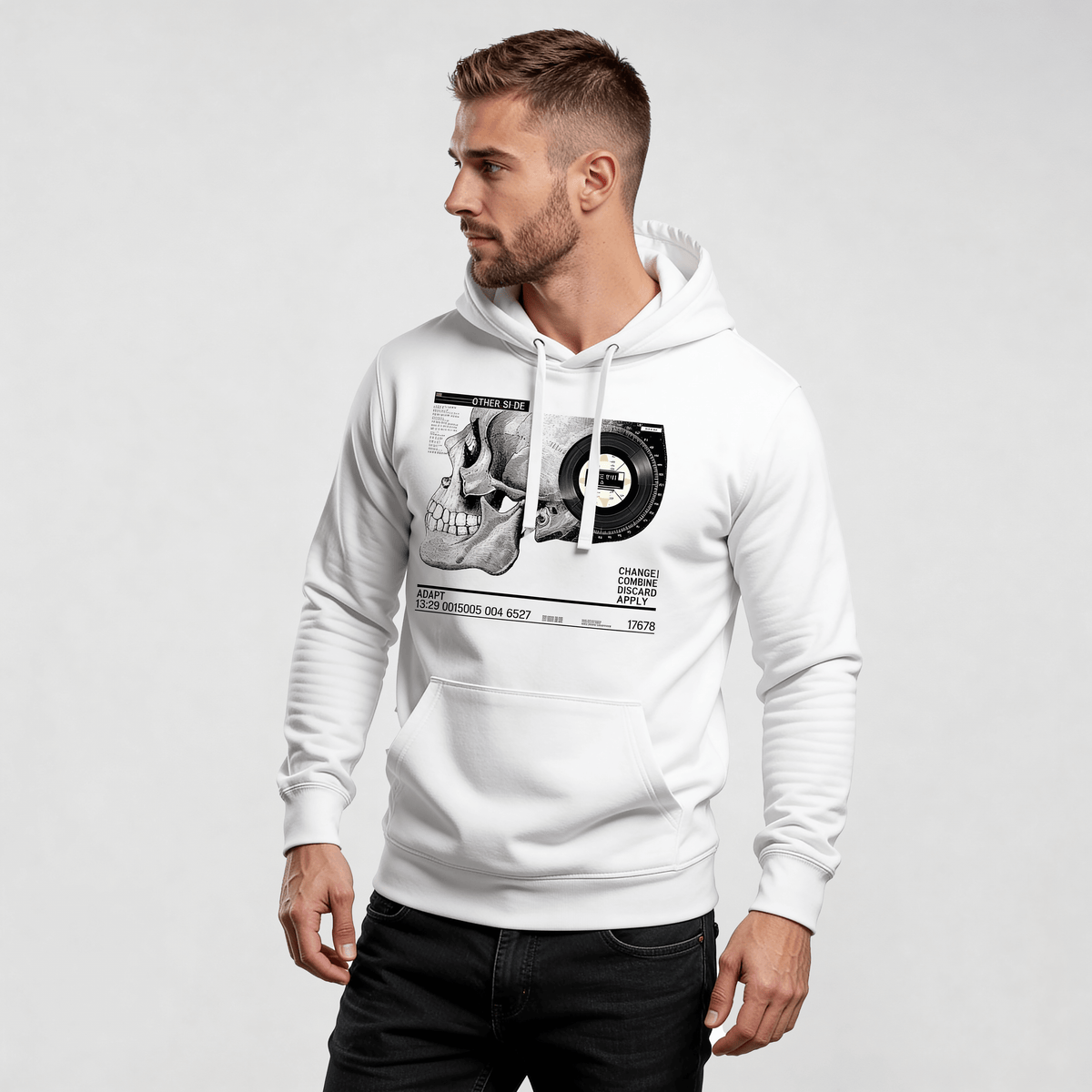 Iconic Streetwear Hoodie DR592 white streetwear hoodie with skull graphic print, regular fit premium urban minimalist design