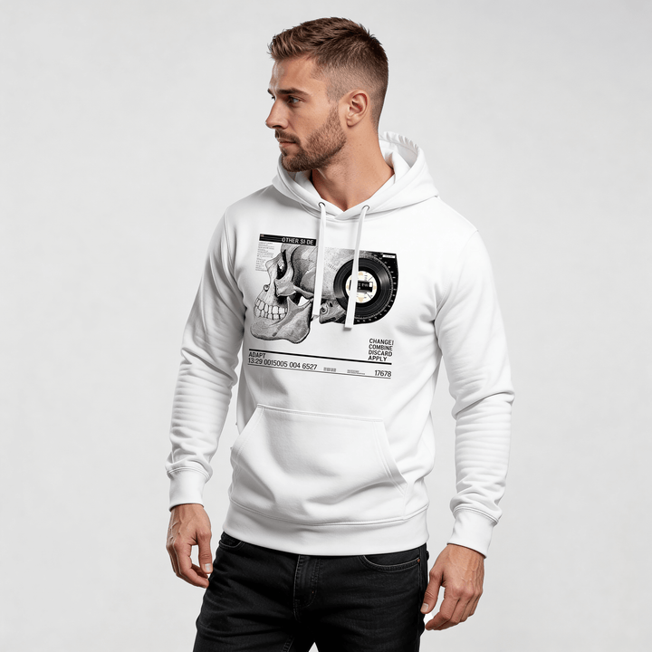 Iconic Streetwear Hoodie DR592 white streetwear hoodie with skull graphic print, regular fit premium urban minimalist design