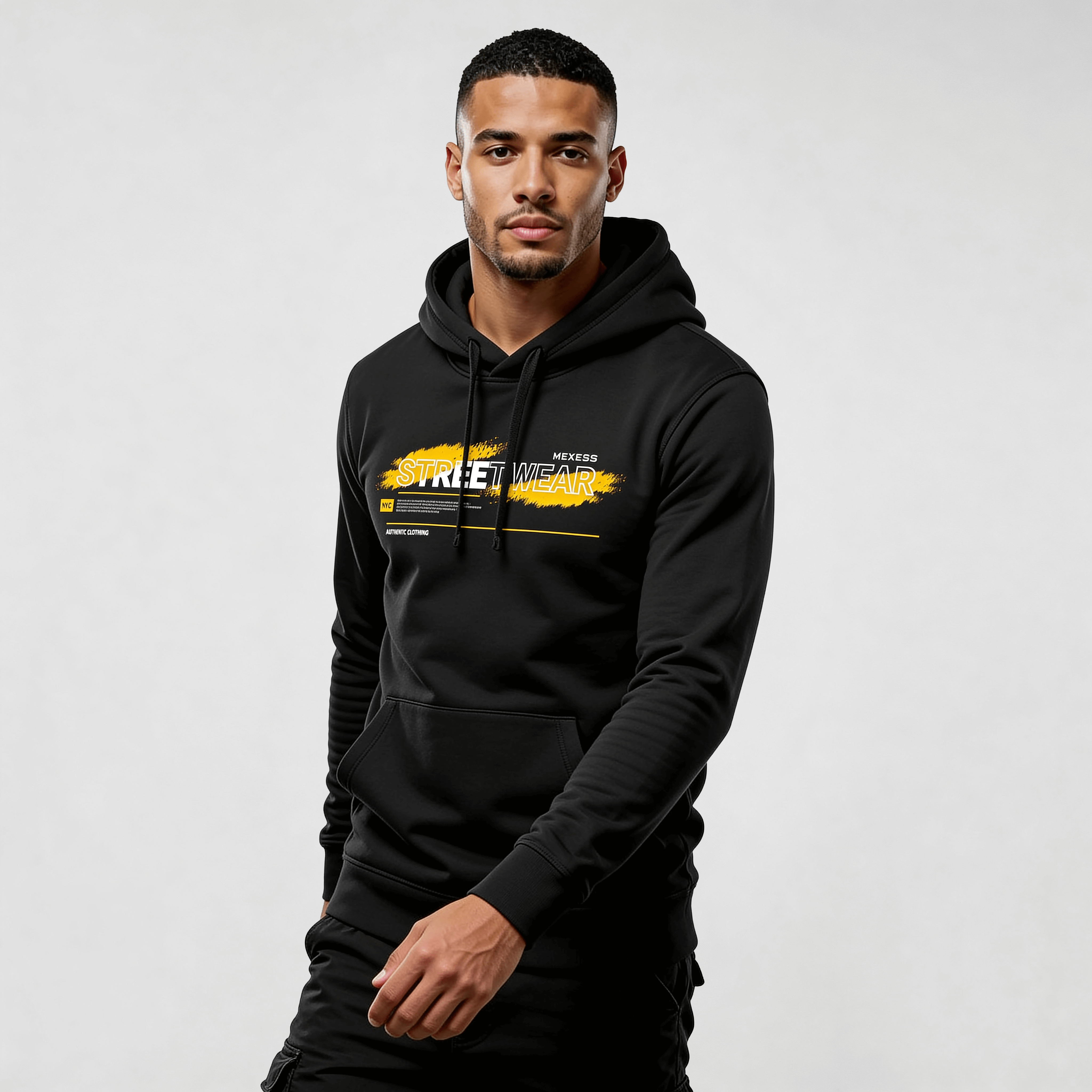 streetwear hoodie Iconic Streetwear Hoodie DR015 in black with bold typography print, front view on model