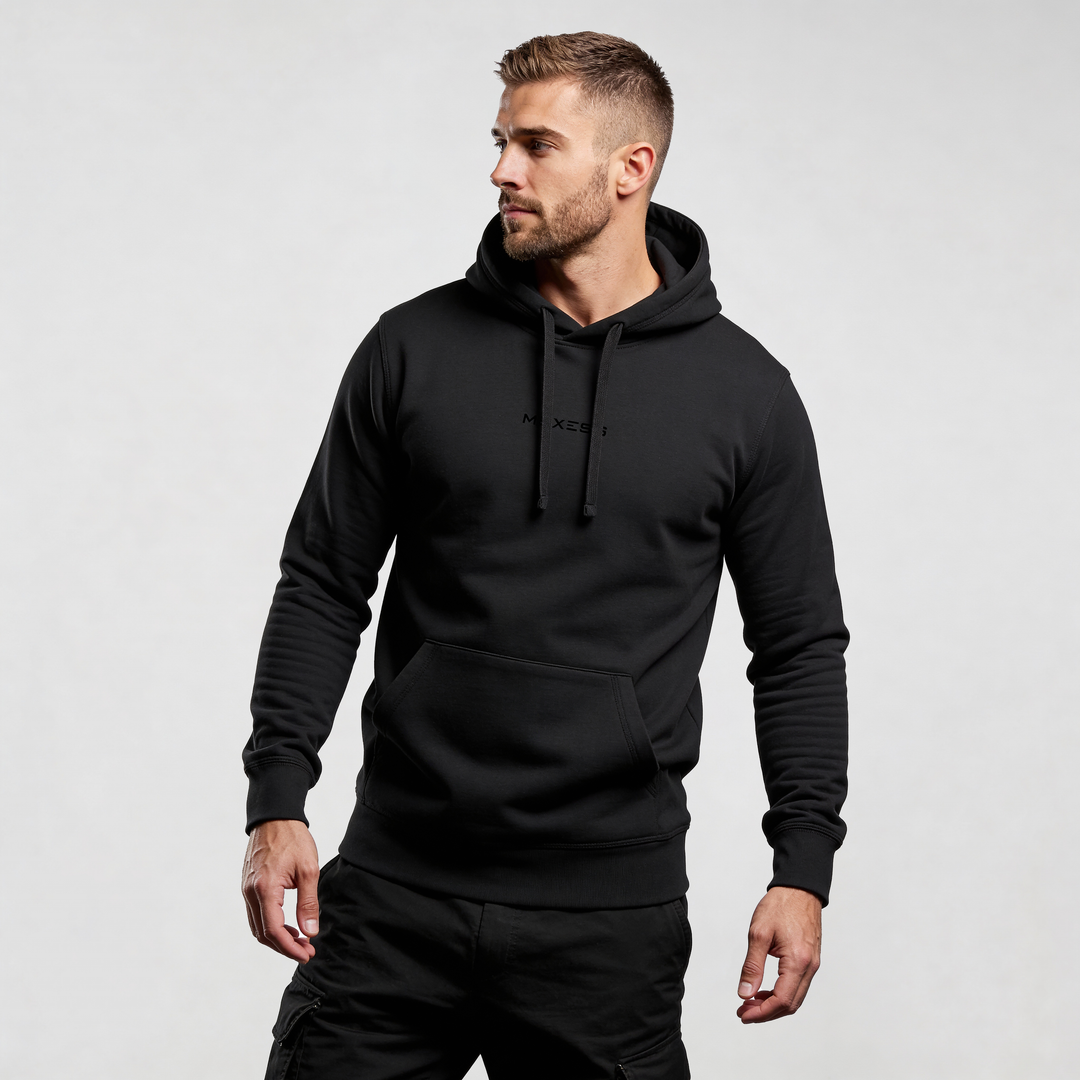 Alt Tag: streetwear hoodie Iconic Streetwear Hoodie DR061 in black, regular fit midweight organic cotton pullover with hood