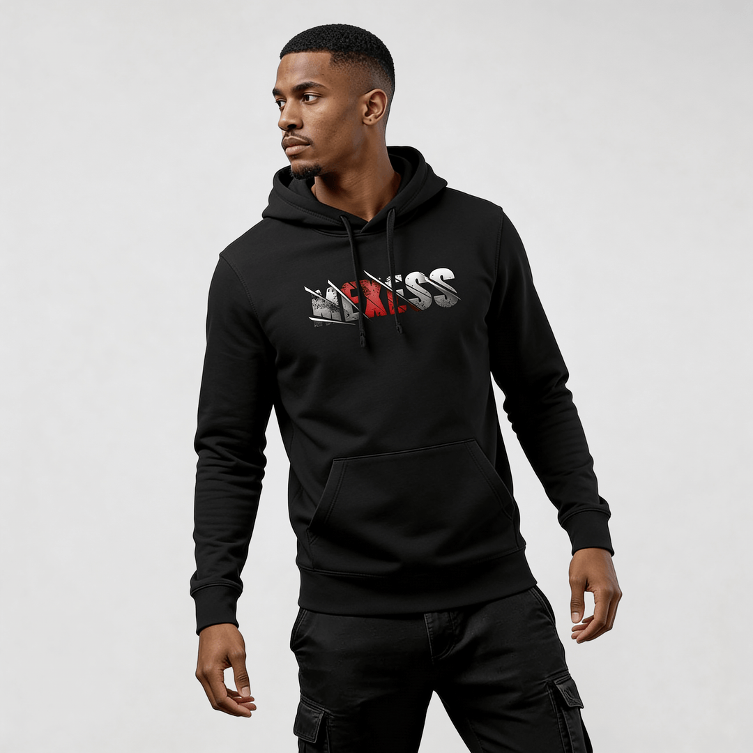 Alt Tag: streetwear hoodie Iconic Streetwear Hoodie DR615 black men’s regular fit MEXESS graphic midweight pullover