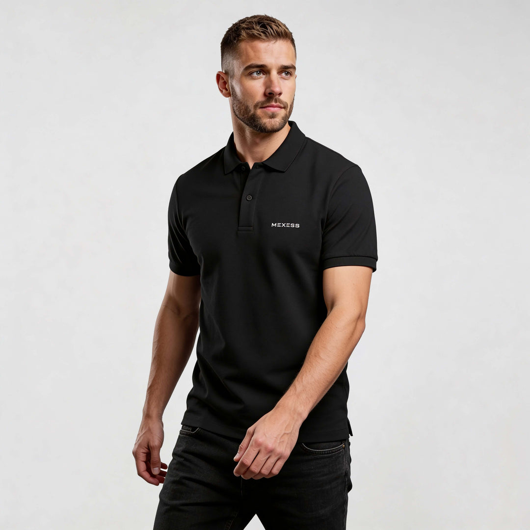 Alt Tag: Core CO689 polo shirt by MEXESS in black, men’s minimalist short-sleeve polo with embroidered logo, smart-casual fit
