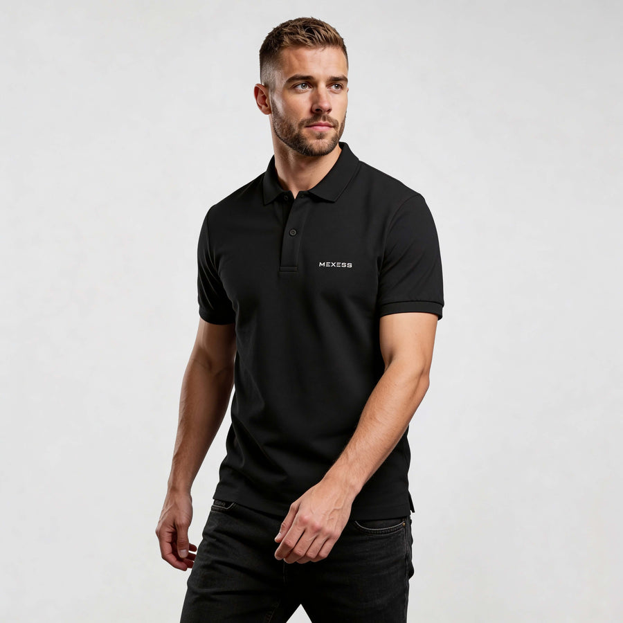 Alt Tag: Core CO689 polo shirt by MEXESS in black, men’s minimalist short-sleeve polo with embroidered logo, smart-casual fit