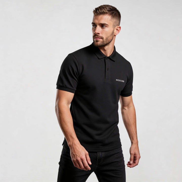 Alt Tag: Core CO689 polo shirt by MEXESS in black, men’s minimalist short-sleeve collared top for smart-casual wear
