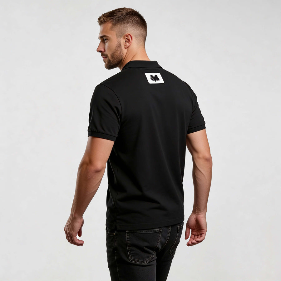 Core CO689 polo shirt by MEXESS, black men’s minimalist polo, back view with logo patch, smart-casual fit