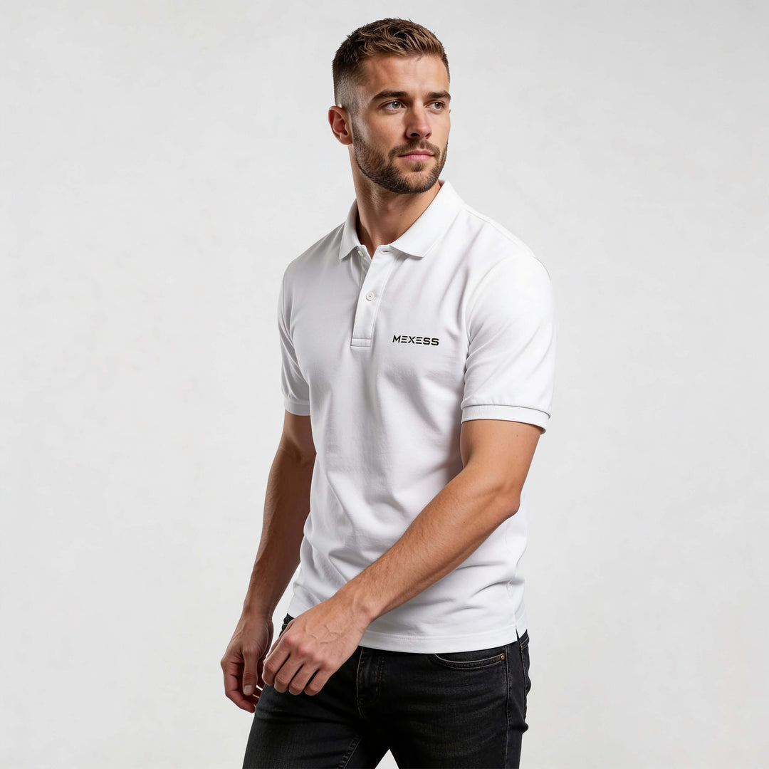 Core CO689 polo shirt by MEXESS, white mens minimalist polo shirt with embroidered logo, smart-casual fit