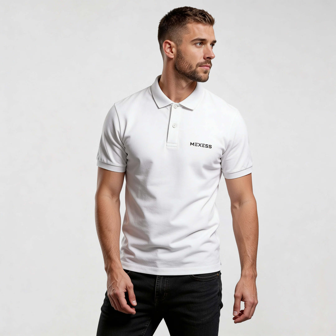 Alt Tag: Core CO689 polo shirt by MEXESS, white men’s minimalist short-sleeve polo with embroidered logo, smart-casual fit