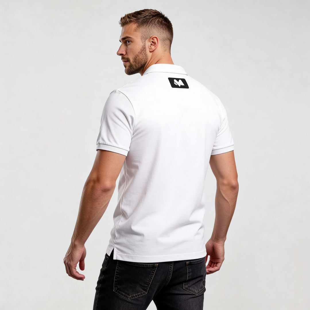 Alt Tag: Core CO689 polo shirt by MEXESS, men’s white minimalist polo shirt back view with collar and logo detail