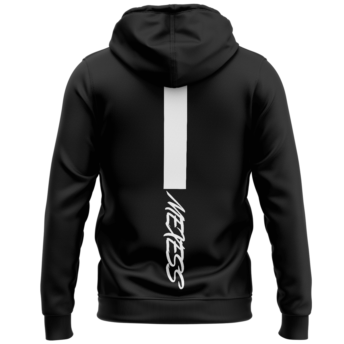 streetwear hoodie Iconic Streetwear Hoodie DR011 black back view with vertical white MEXESS graphic, regular fit midweight