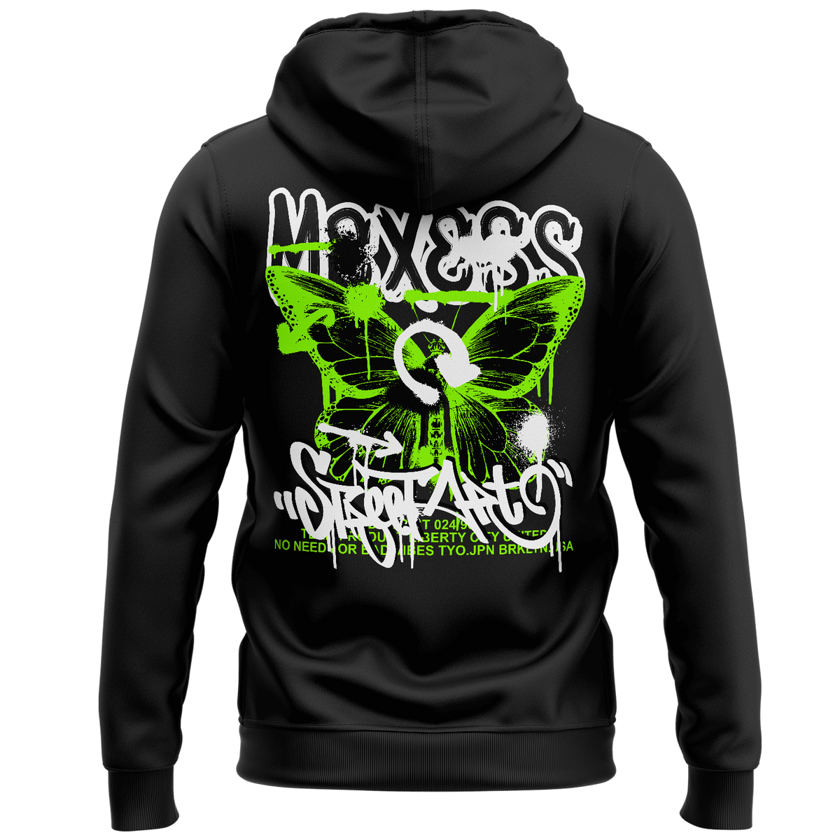 streetwear hoodie Iconic Streetwear Hoodie DR013 black MEXESS mens regular fit with bold neon green butterfly graphic on back