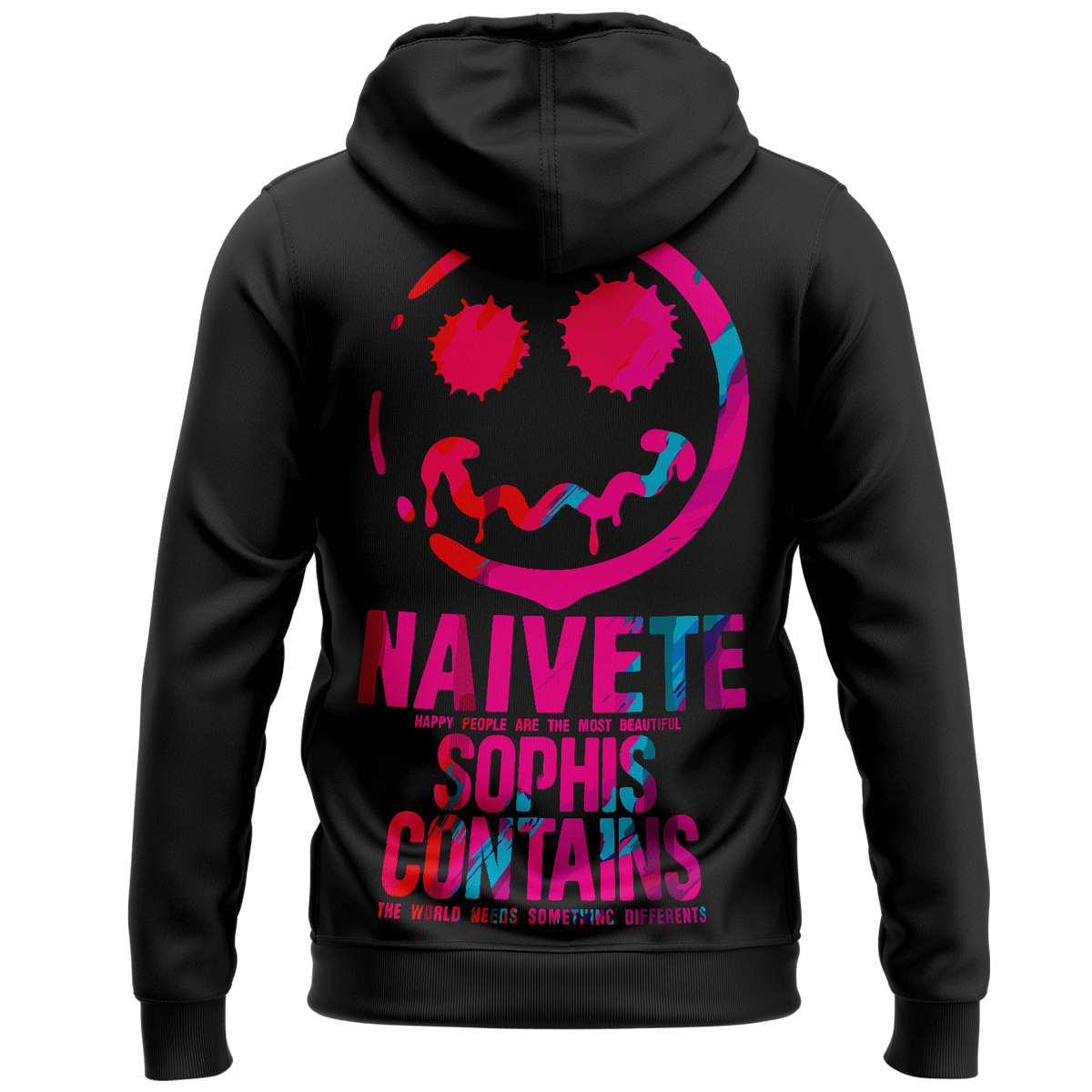 streetwear hoodie Iconic Streetwear Hoodie DR020 black men’s hoodie with colorful smiley graphic and NAIVETE print