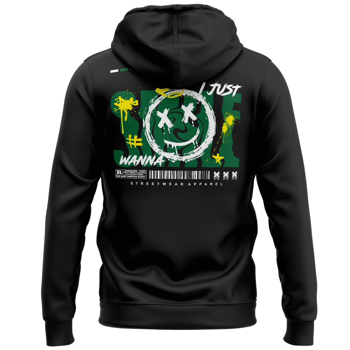Alt Tag: streetwear hoodie Iconic Streetwear Hoodie DR049 black back view with bold graffiti smiley graphic and streetwear apparel text