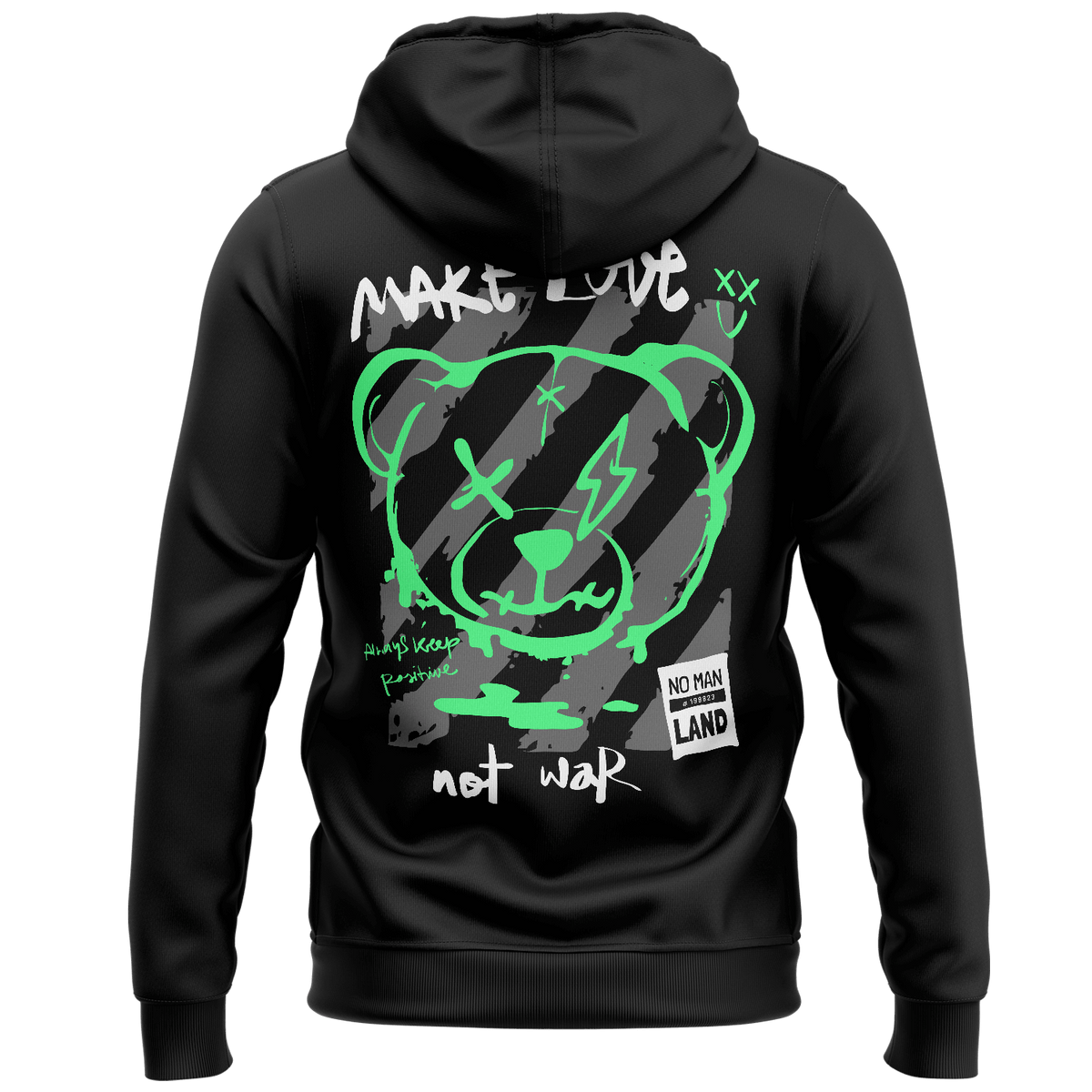 streetwear hoodie Iconic Streetwear Hoodie DR539 black with bold graffiti bear back print, MAKE LOVE NOT WAR graphic