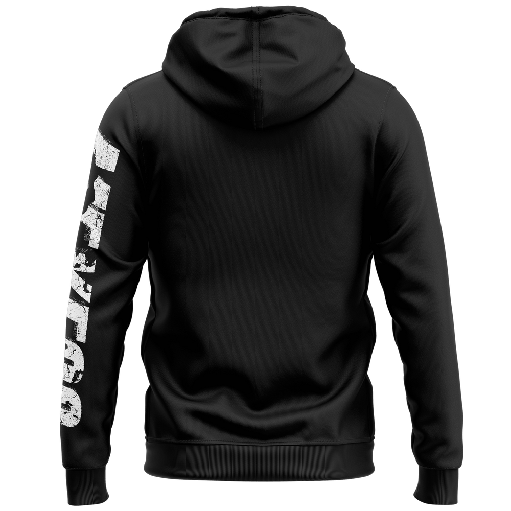 Alt Tag: streetwear hoodie Iconic Streetwear Hoodie DR610 black back view with bold vertical sleeve print