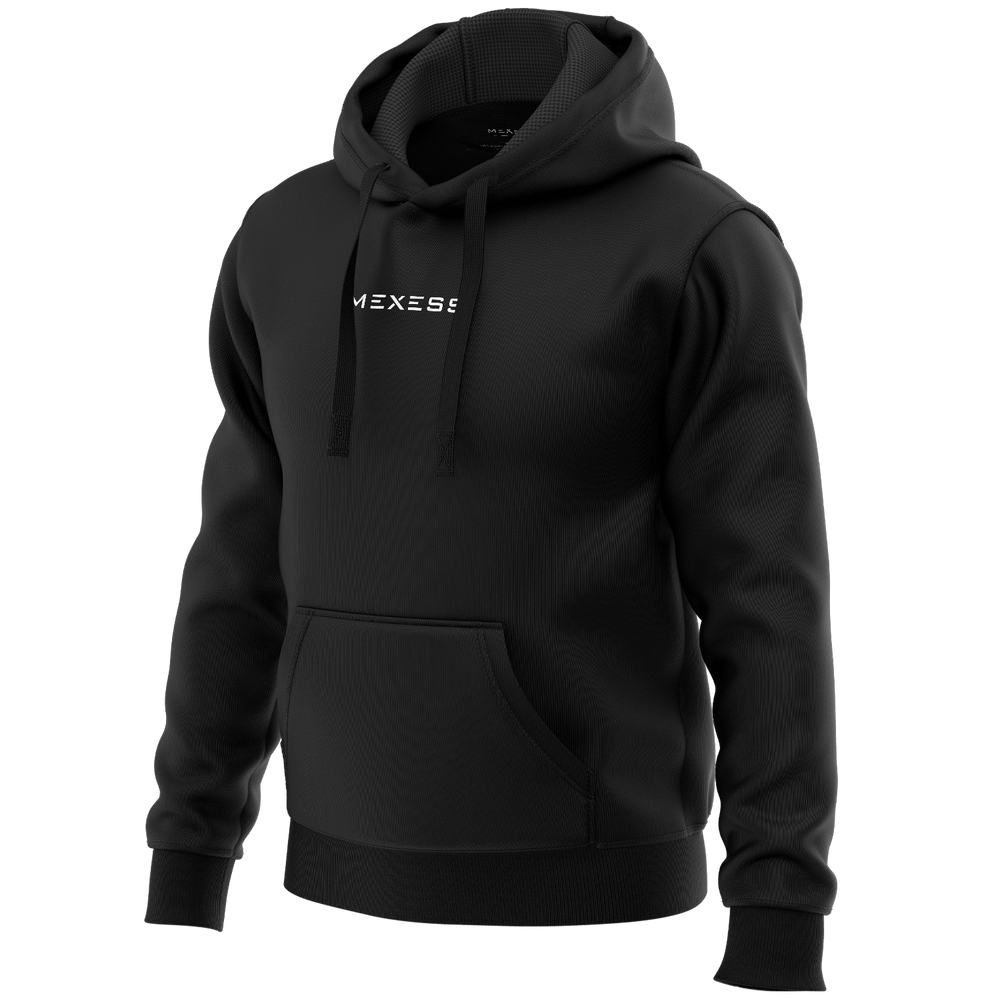 Alt Tag: streetwear hoodie Iconic Streetwear Hoodie DR037 black MEXESS logo pullover with drawstring hood and kangaroo pocket