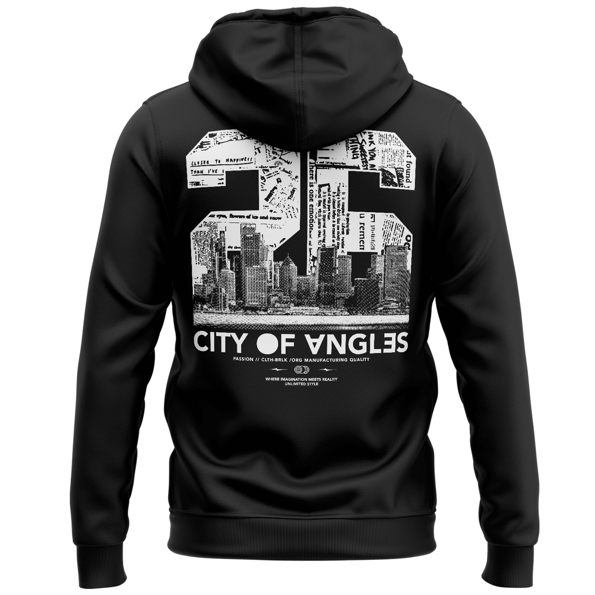 Alt Tag: streetwear hoodie Iconic Streetwear Hoodie DR037 black with city skyline graphic and "CITY HIGHLIG3" print, back view