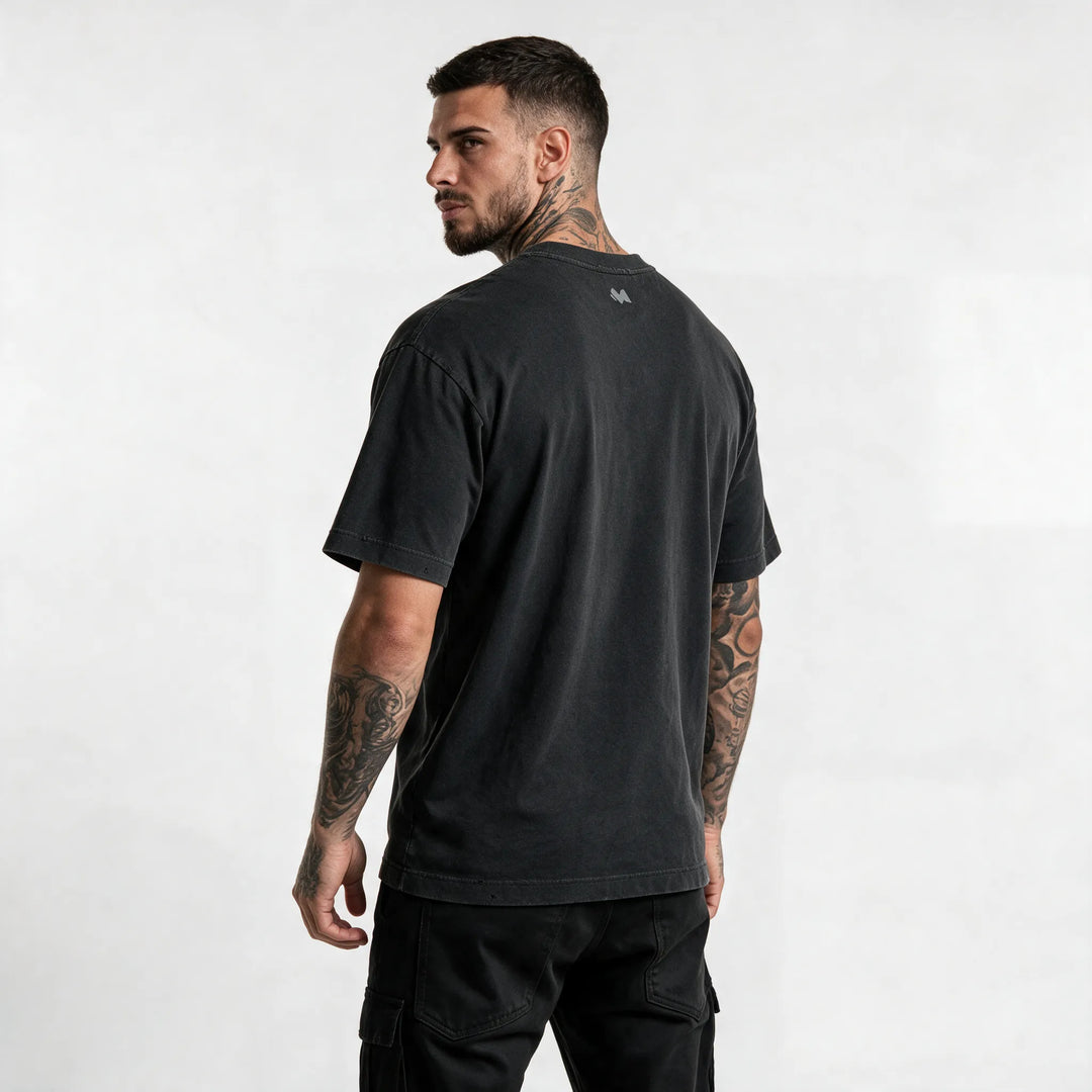 Three-quarter back view of the washed black t-shirt