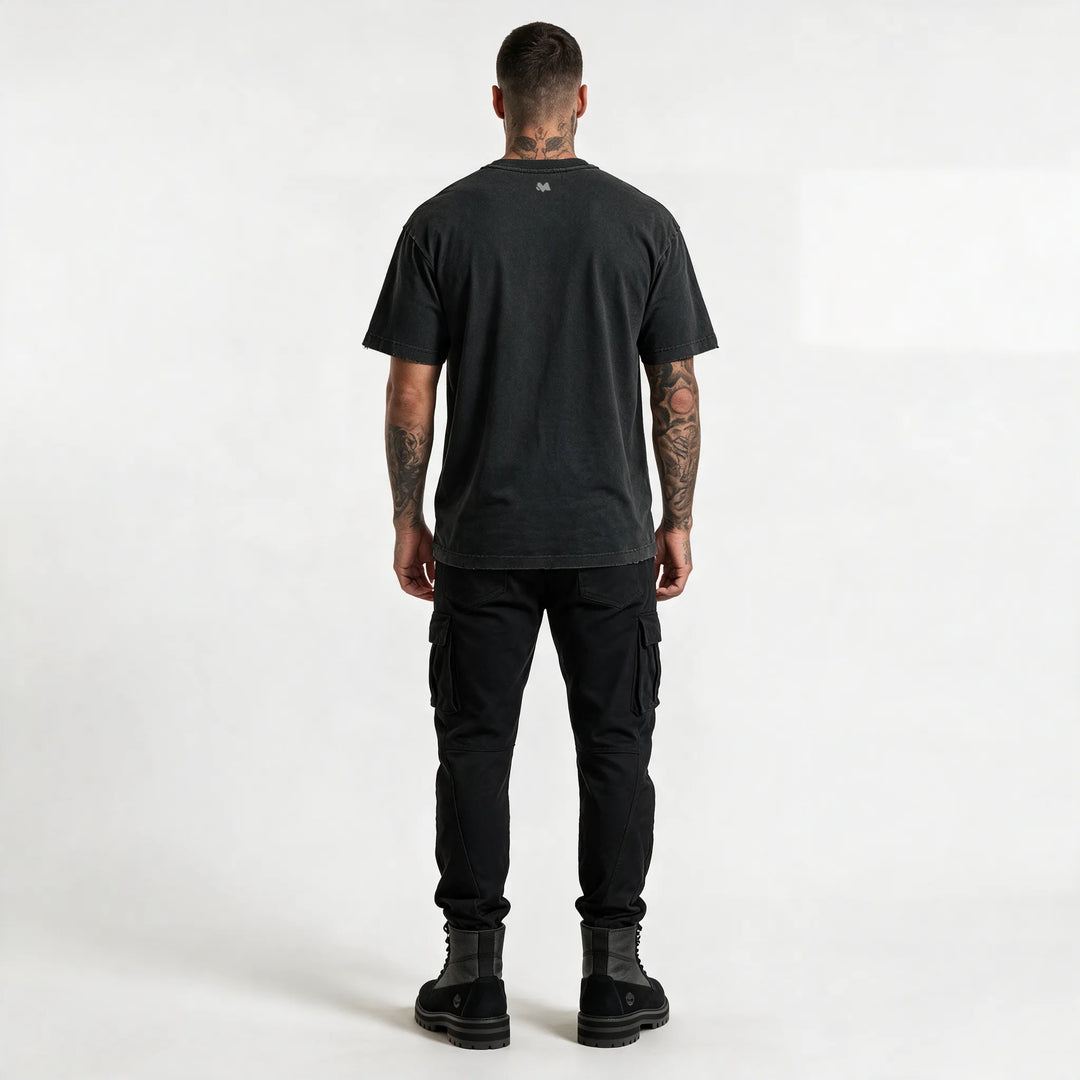 Full-length back view of the washed black relaxed fit t-shirt