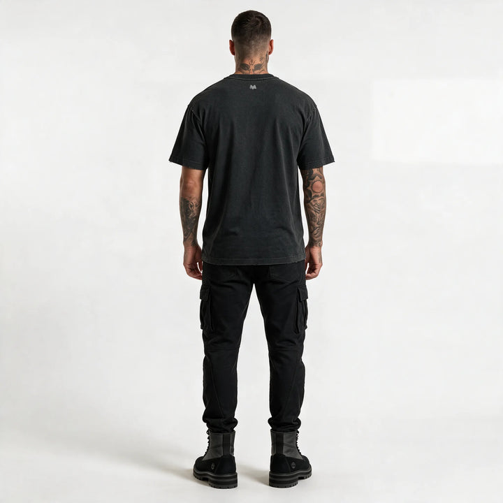 Full-length back view of the washed black relaxed fit t-shirt