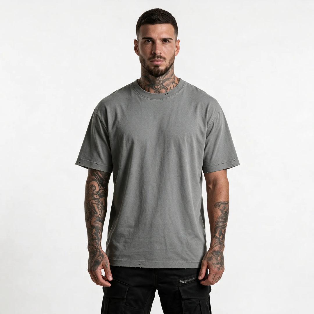 Front view of the gray garment dyed t-shirt in a relaxed fit