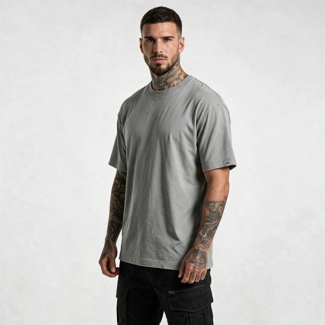 Three-quarter front view of the gray heavyweight t-shirt